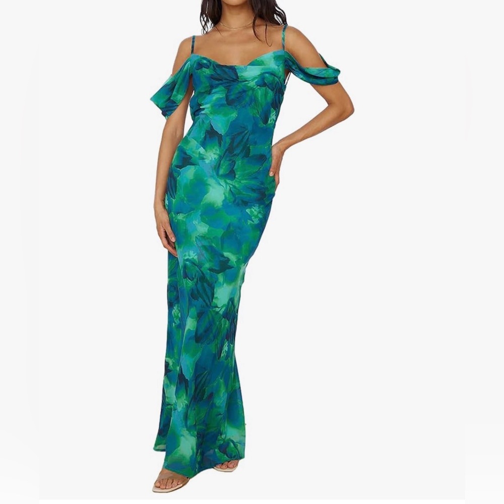 Watercolor Floral Stretch Mesh Maxi Dress (Green and Blue) - Size XXL
